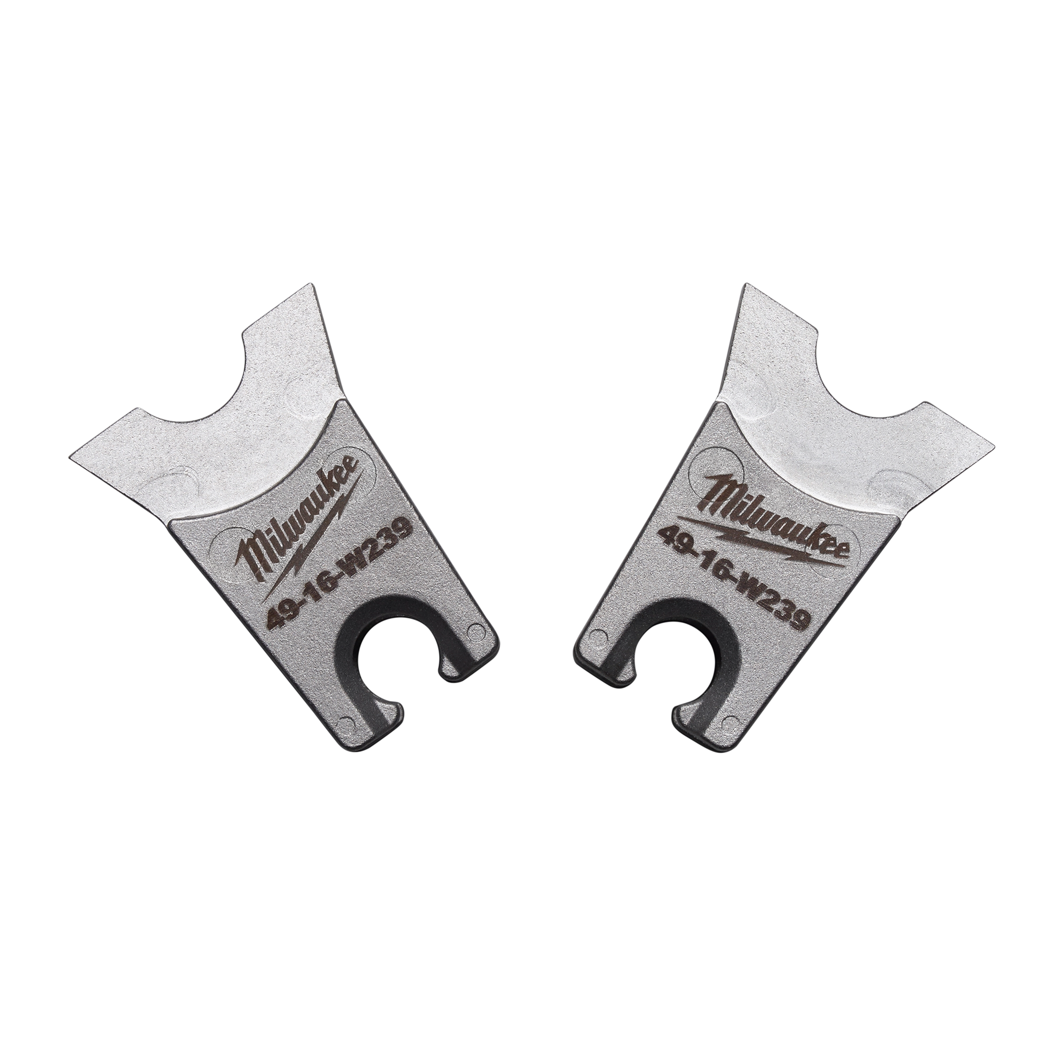 Two silver W%20Style%3A%20W-239%20Die pieces are displayed side by side, featuring engraved brand logos and model numbers 49-16-W239. The dies have a unique, curved design with an open loop at the bottom end.