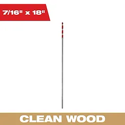 A 7/16-inch x 18-inch clean wood drill bit designed for precision drilling through wood is shown. The lengthy drill bit has a steel body with spiraled red tips, suitable for creating clean holes in wooden materials.