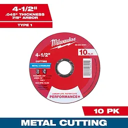 4-1/2" x .045" x 7/8" Performance+ Metal Cut Off Wheel - Type 1 - 10pk features metal and stainless cutting, with a max RPM of 13,300.