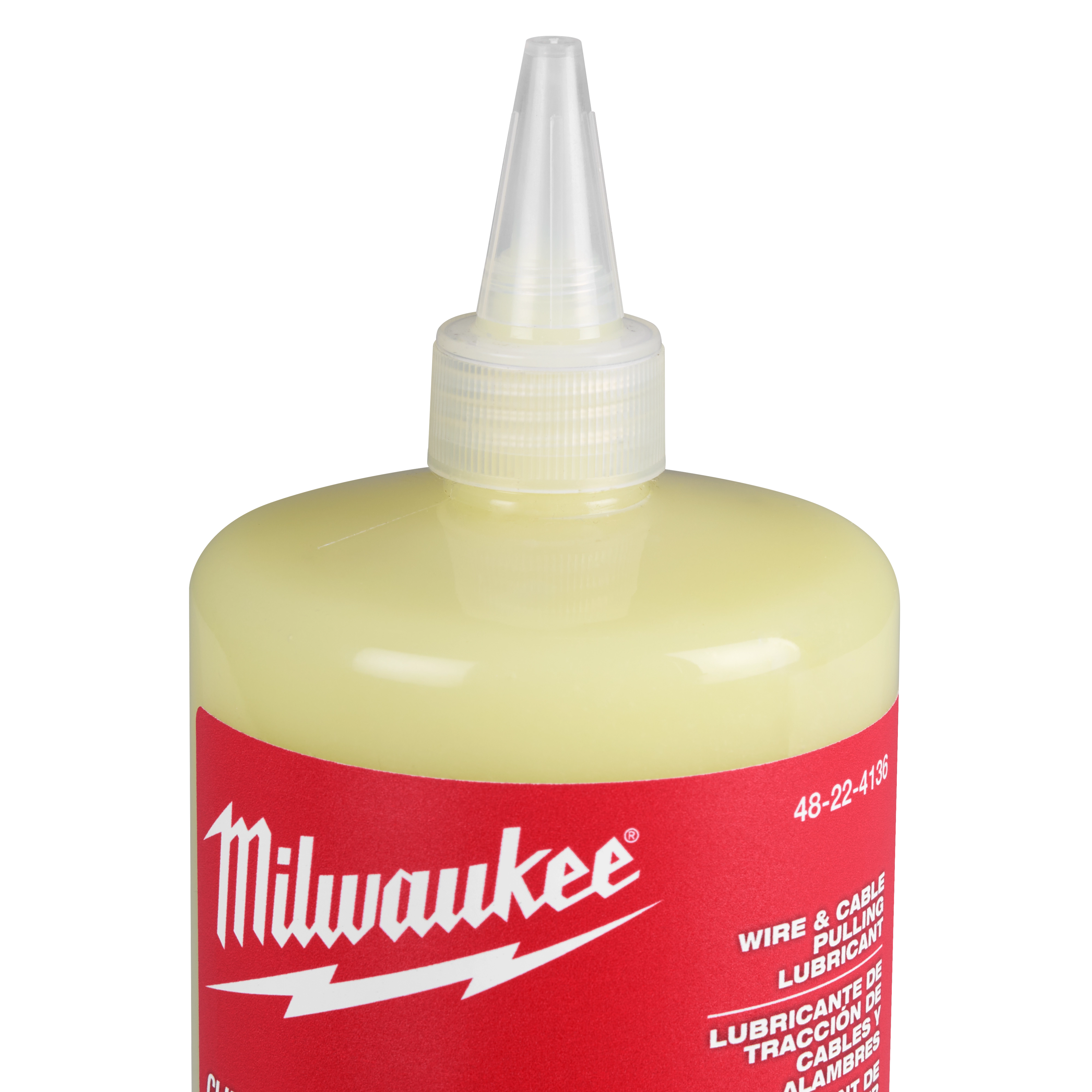 Milwaukee Wire & Cable Pulling Wax Lubricant bottle with a pointed nozzle cap, displaying red and white labeling.