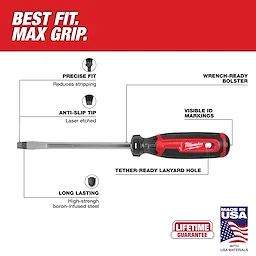 5/16" Slotted 6" Cushion Grip Screwdriver (USA) with labeled features on a plain background.