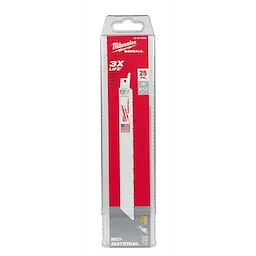 Milwaukee Sawzall® Blade (25 pk) - 9" 8/12 TPI is a white, multipurpose saw blade with a red logo, designed for extended durability. The packaging highlights 3X life and is suitable for cutting various materials. The pack includes 25 blades.