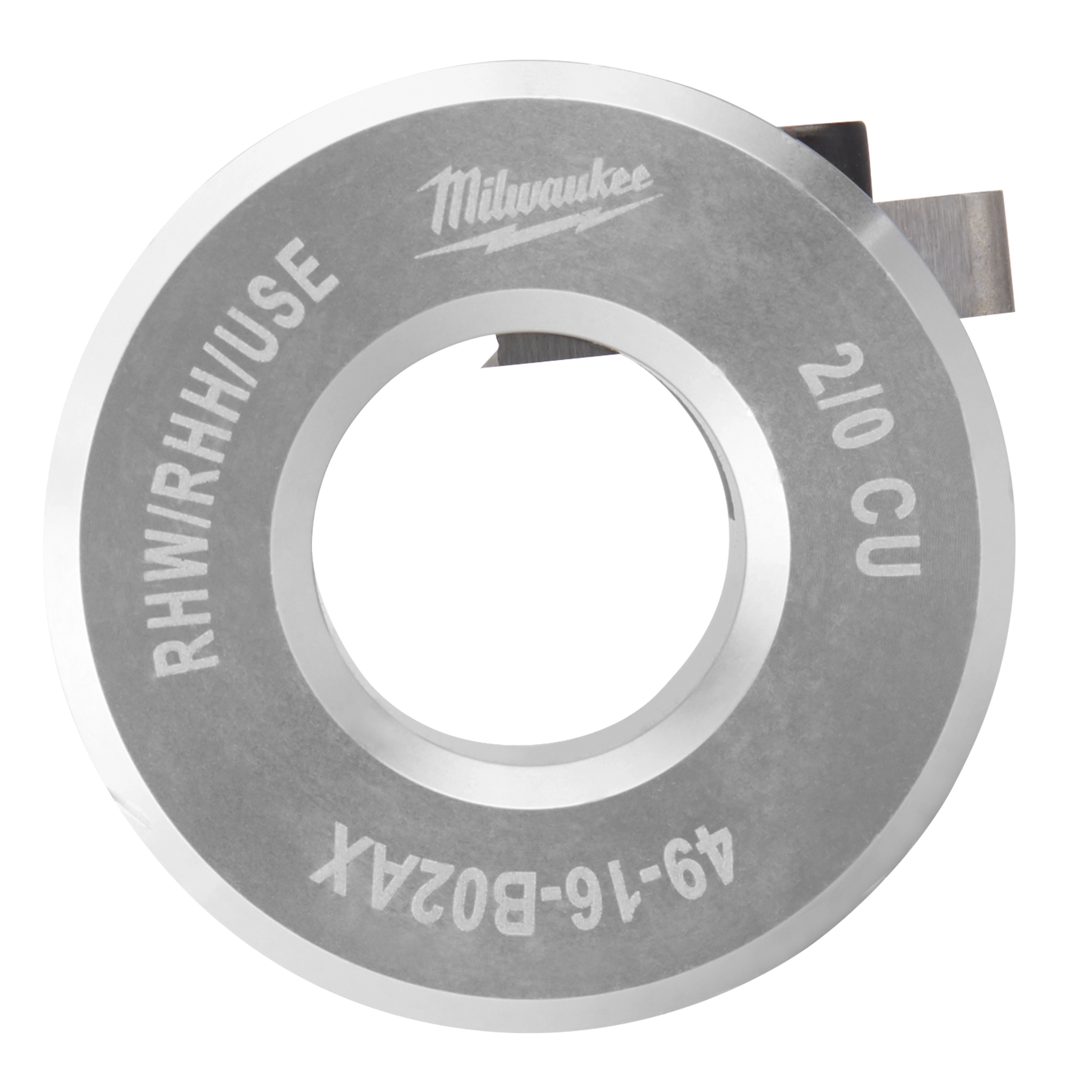 Milwaukee RHWIRHHIUSE 210 CU hole saw with silver body and markings in white, designed for making precise circular cuts.
