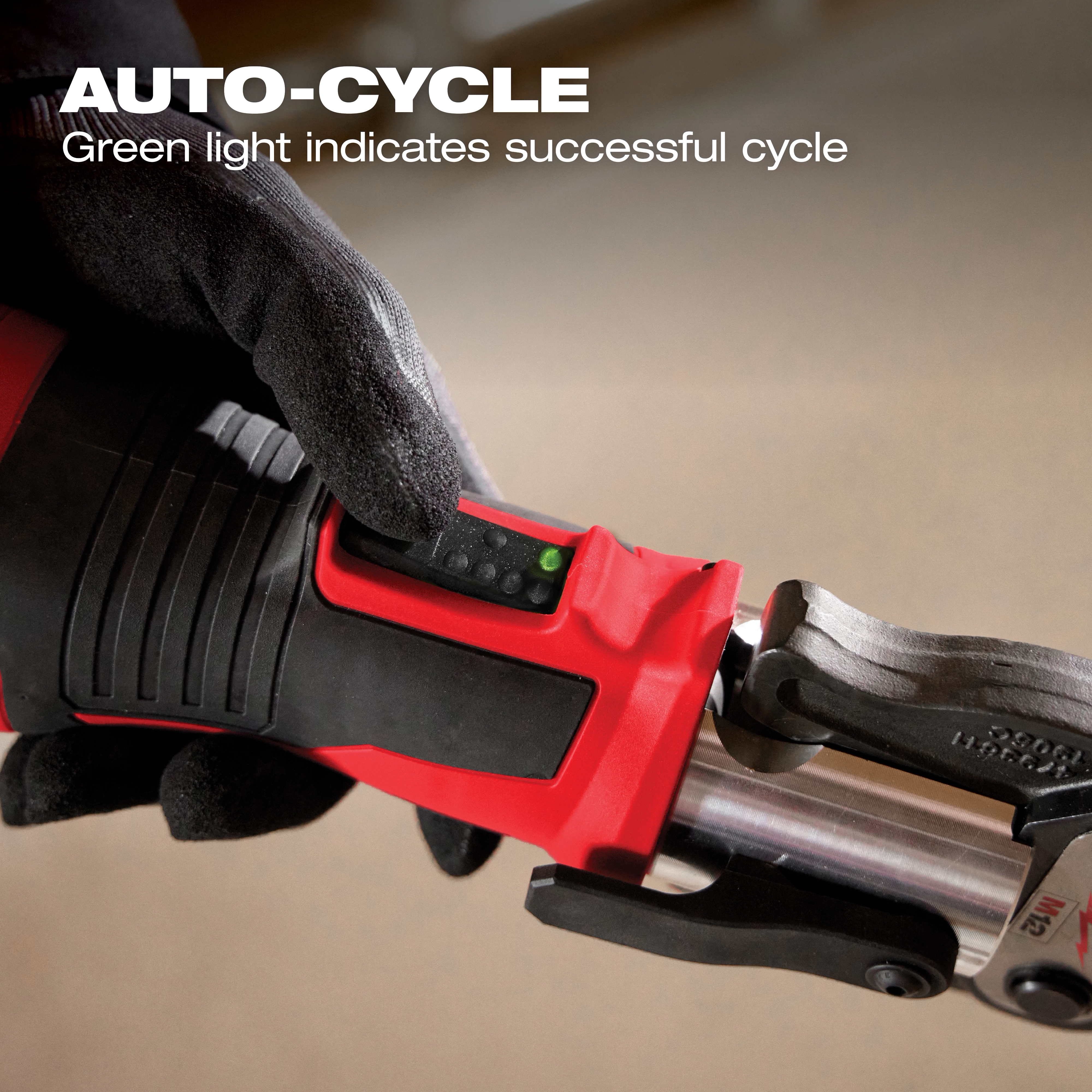 M12 FORCE LOGIC Press Tool Kit w/ ONE-KEY auto-cycle feature with a green light indicating a successful cycle.