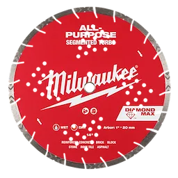 The image shows a 14" DIAMOND MAX™ All-Purpose Segmented Turbo Diamond Blade. The blade is red with the "Milwaukee" brand logo in white. It has various vent holes around the blade and is designed for cutting materials like concrete, brick, and stone.
