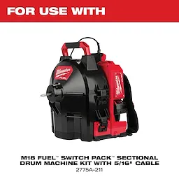 Milwaukee M18 Fuel Switch Pack Sectional Drum Machine Kit with 5/16" cable, model 2775A-211, features a portable design with a red and black color scheme, ergonomically shaped handle, and advanced motor technology for effective plumbing applications. "For Use with" text displayed in red at the top.