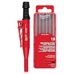 Red Mechanical Pencil with black grip and clip, alongside a red plastic case of 10 replacement graphite leads.
