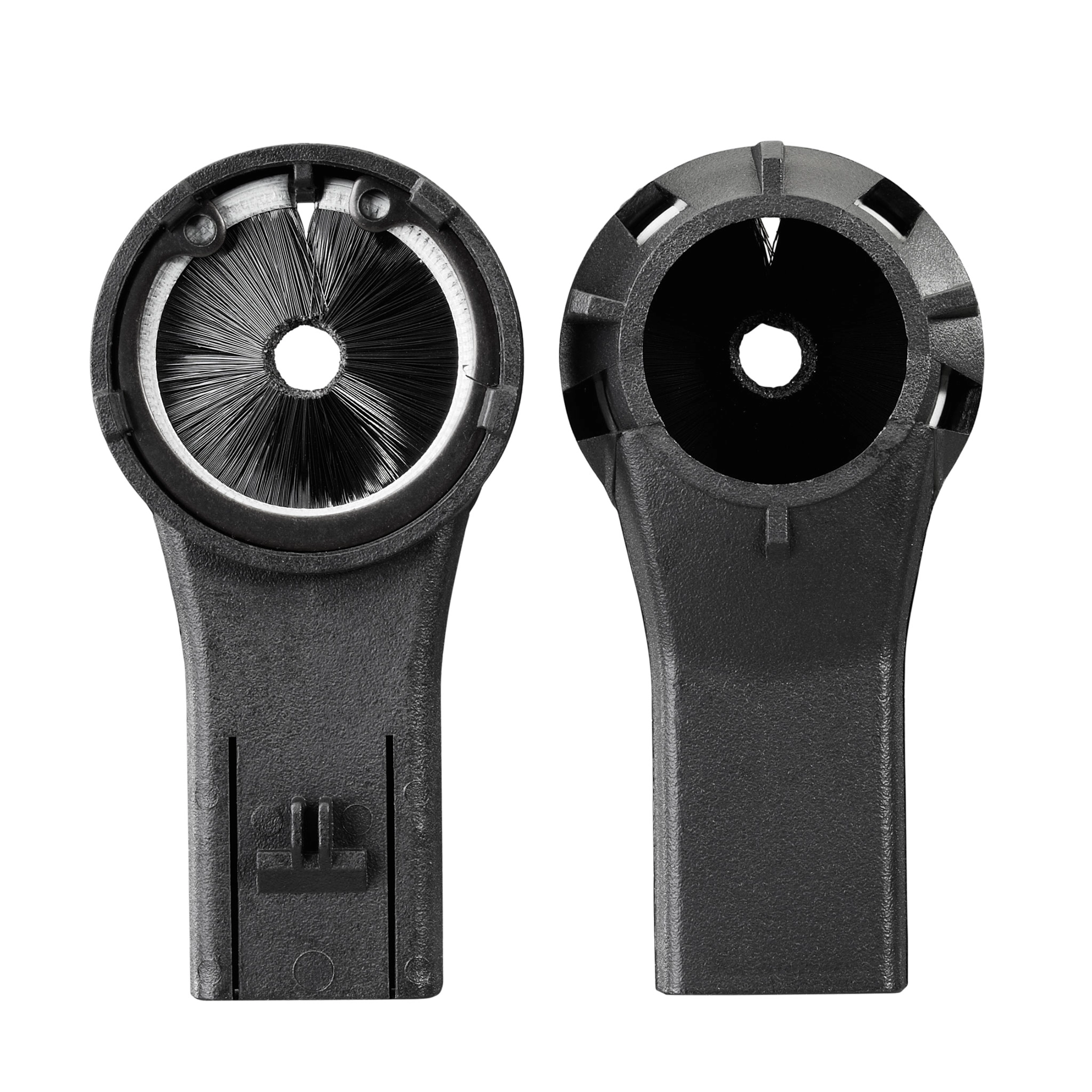 Two black M12 Hammervac Nozzles, one with a gray bristle brush interior and the other featuring an open, smooth interior.