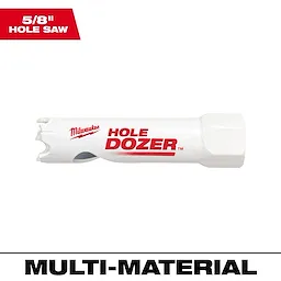 5/8" Hole Dozer Bi-Metal Hole Saw is a white cylindrical cutting tool with red text, designed for multi-material drilling.