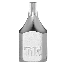 The 1/4" Drive T15 Low-Profile TORX Bit Socket features a silver metallic finish, compact design, and a T15 marking on the side. It is used for driving T15 TORX screws and bolts in tight spaces.
