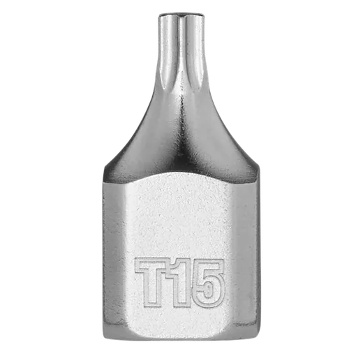 The 1/4" Drive T15 Low-Profile TORX Bit Socket features a silver metallic finish, compact design, and a T15 marking on the side. It is used for driving T15 TORX screws and bolts in tight spaces.