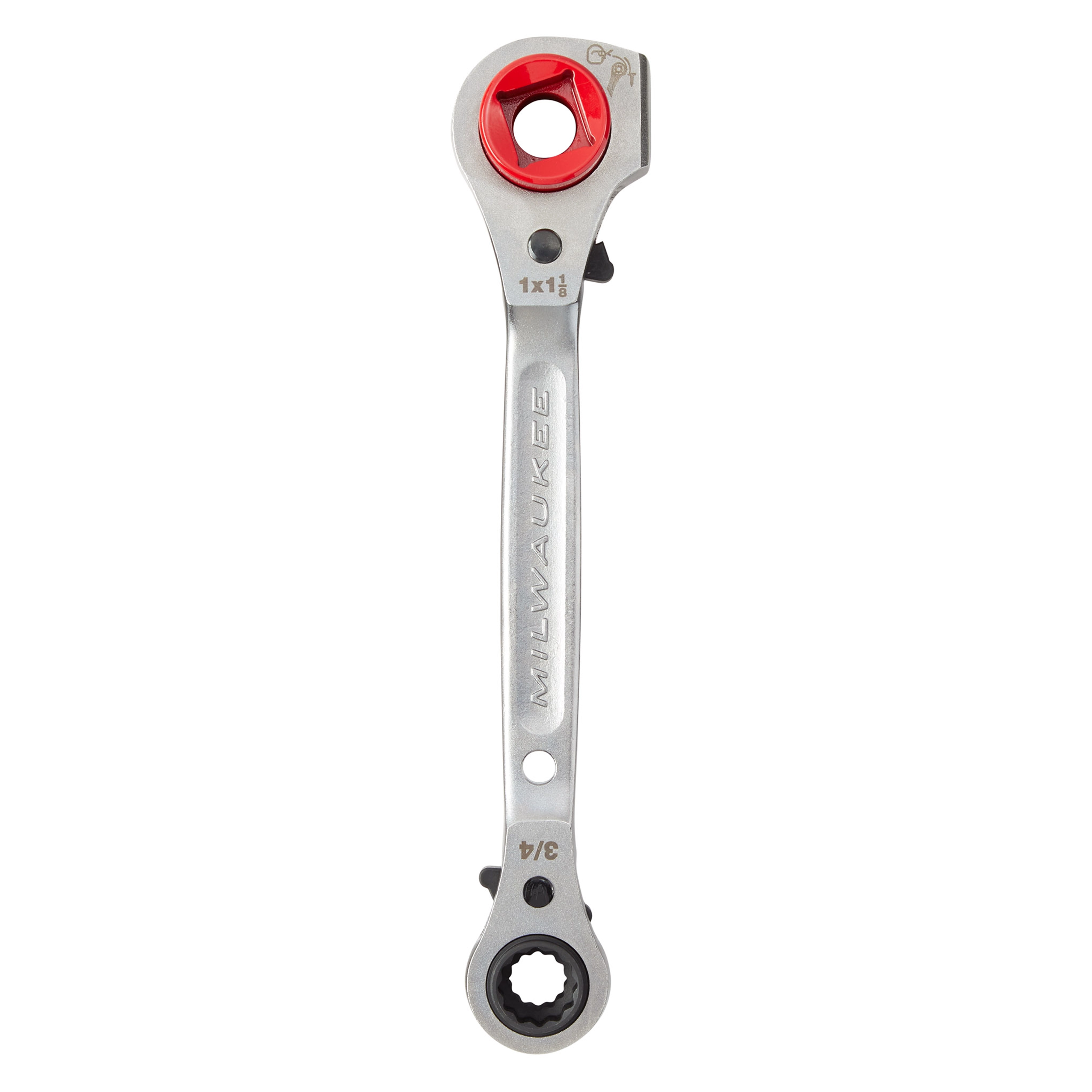 The Lineman's 5-in-1 Ratcheting Wrench features a metallic body with red accents and includes 1x1 and 3/4 inch heads.