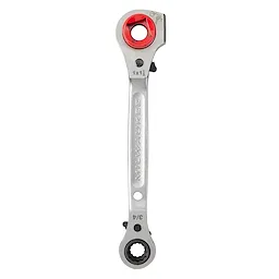 The Lineman's 5-in-1 Ratcheting Wrench features a metallic body with red accents and includes 1x1 and 3/4 inch heads.