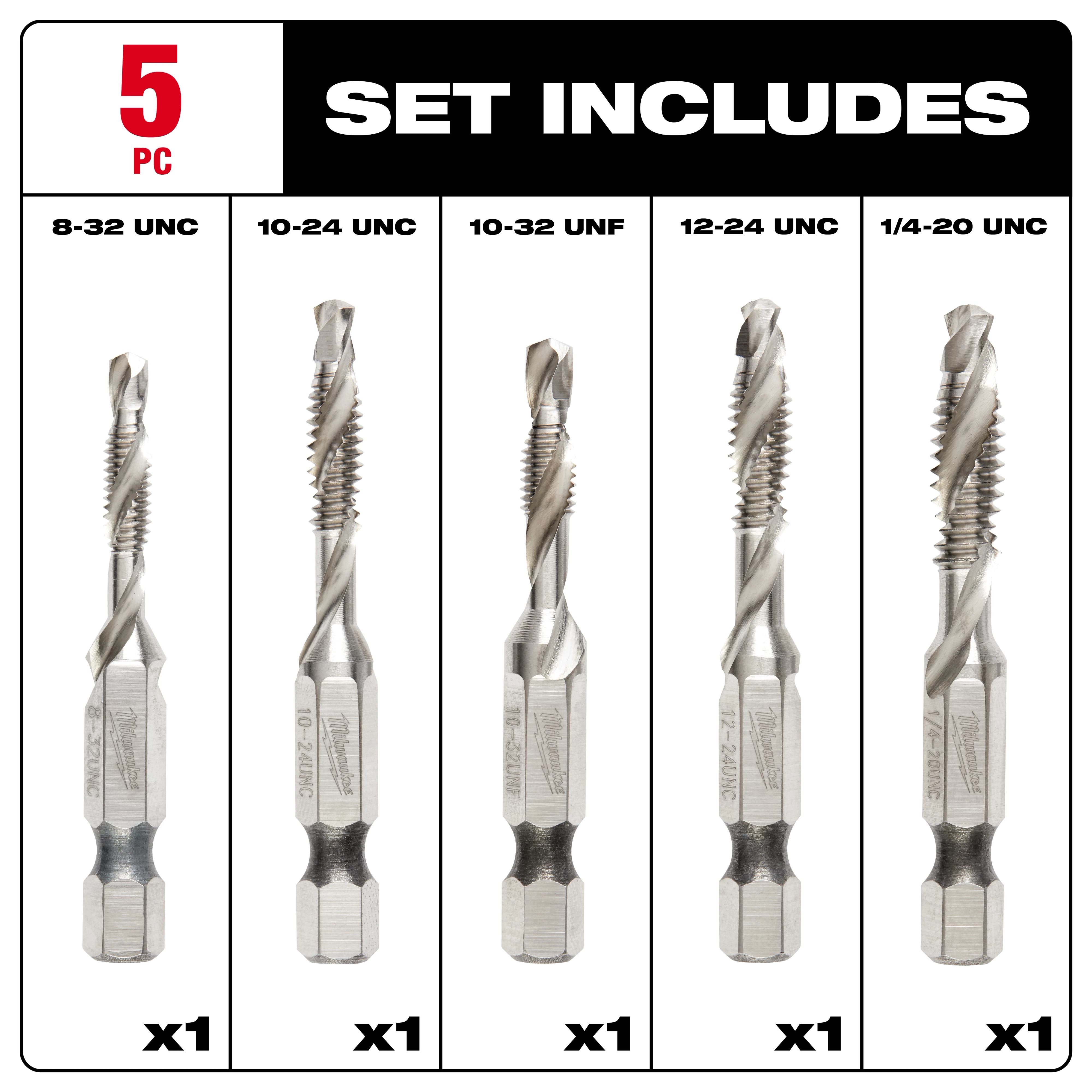 The SHOCKWAVE SAE Steel Drill Tap Set (5-Piece) includes five drill taps in sizes 8-32 UNC, 10-24 UNC, 10-32 UNF, 12-24 UNC, and 1/4-20 UNC, each made from durable steel.