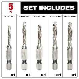 The SHOCKWAVE SAE Steel Drill Tap Set (5-Piece) includes five drill taps in sizes 8-32 UNC, 10-24 UNC, 10-32 UNF, 12-24 UNC, and 1/4-20 UNC, each made from durable steel.
