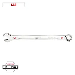 This image shows a 3/8 SAE double-ended wrench by Milwaukee, featuring an open-end and a box-end. It is made of polished chrome and is accompanied by a lifetime guarantee badge in the bottom left corner. The text "SAE" is displayed in red at the top.