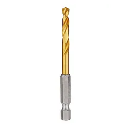 The Red Helix Titanium Impact Drill Bit features a golden titanium-coated tip for durability, mounted on a silver hexagonal shank designed for high torque applications. It is suitable for drilling through tough materials with precision and efficiency.