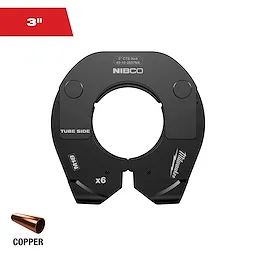 3" NIBCO Press Ring for M18 Long Throw Press Tool, designed for copper tubing. Black tool with text identifying specifications.