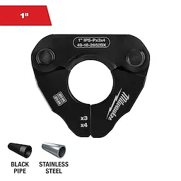 1-inch IPS-P pivoting press ring designed for M18 and M12 press tools. Suitable for black pipe and stainless steel, labeled x3, x4.