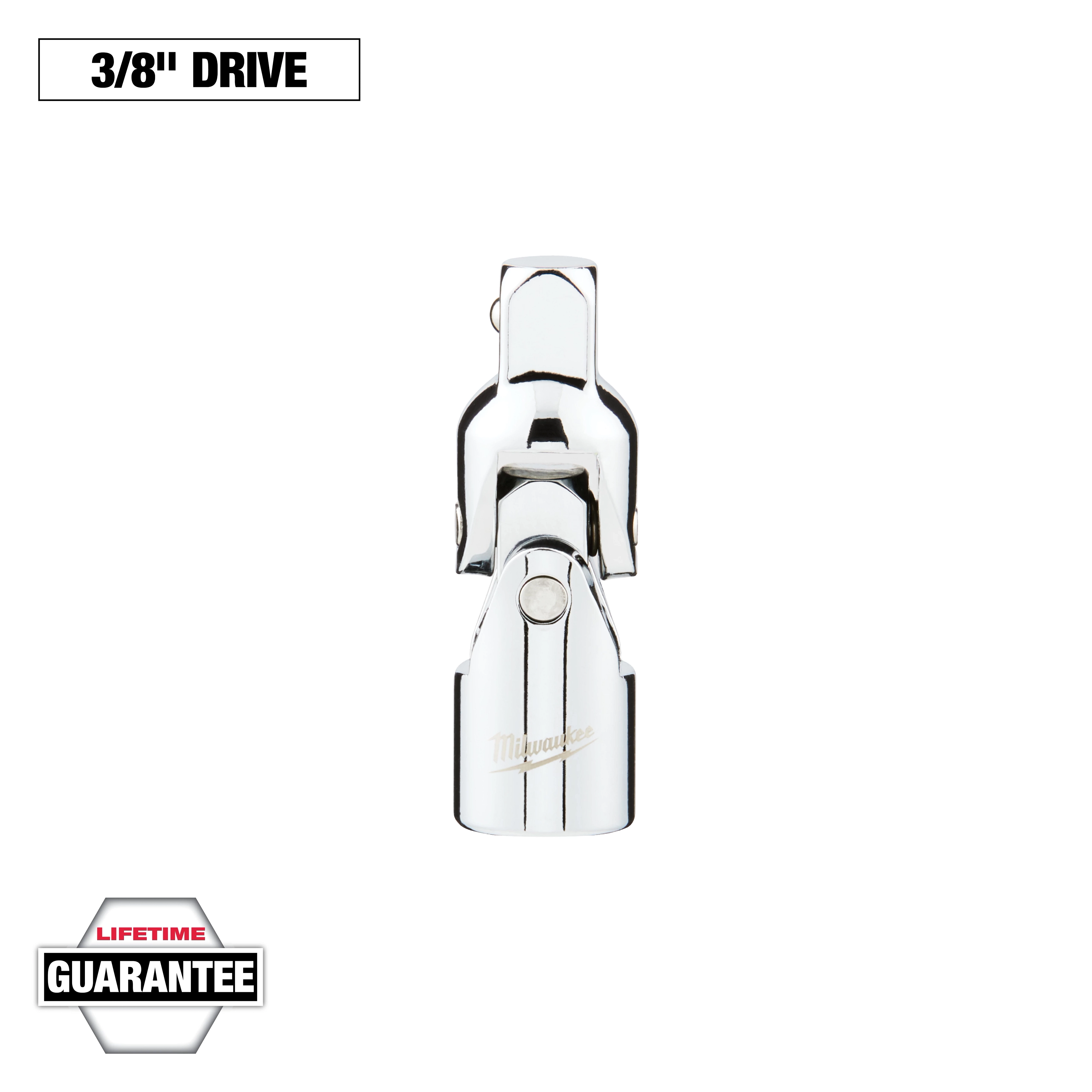 This image shows a Milwaukee 3/8" drive universal joint. The tool is chrome-plated and metallic with the Milwaukee logo engraved. The image also includes a "Lifetime Guarantee" badge in the bottom left corner.