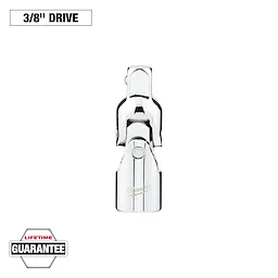 This image shows a Milwaukee 3/8" drive universal joint. The tool is chrome-plated and metallic with the Milwaukee logo engraved. The image also includes a "Lifetime Guarantee" badge in the bottom left corner.