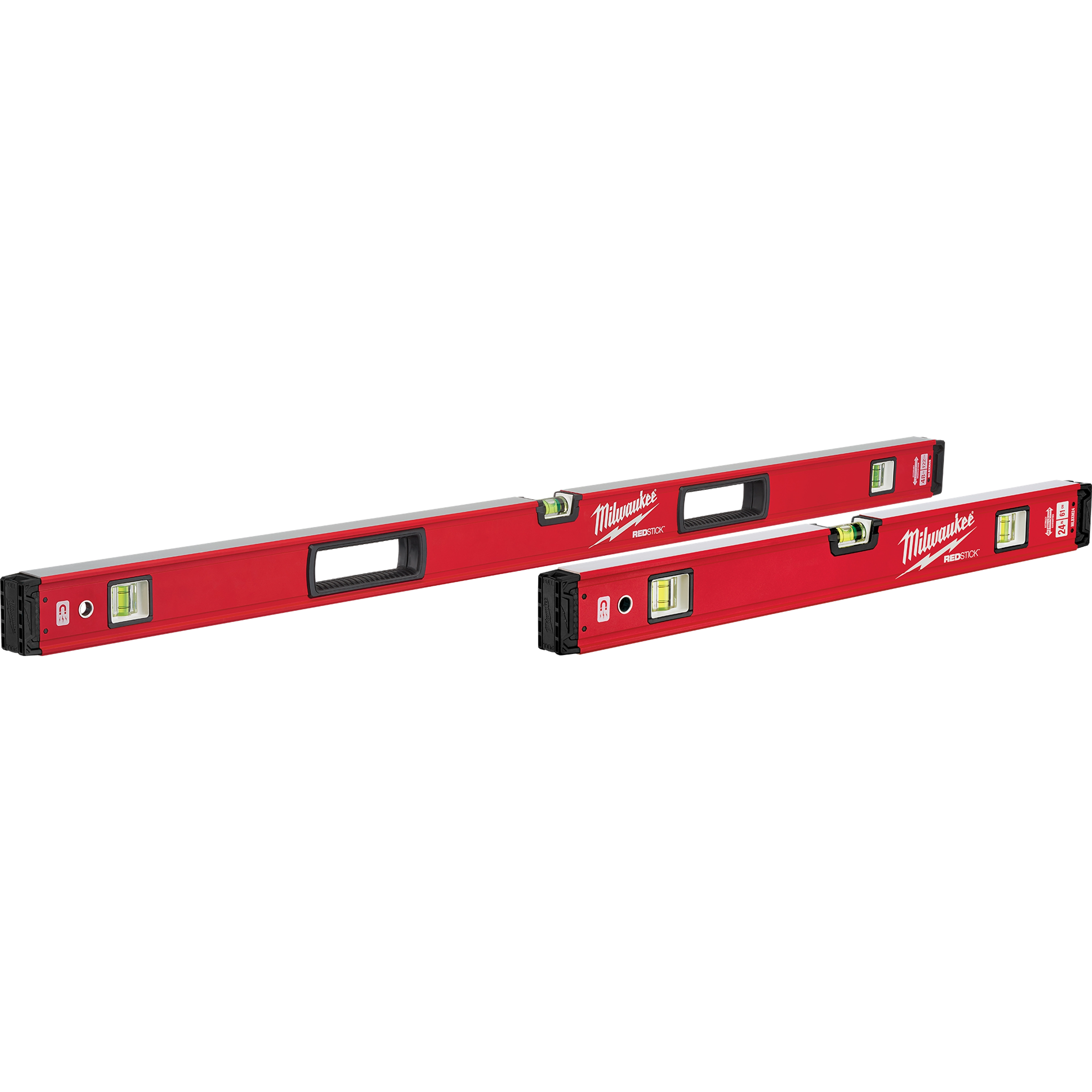 Three red REDSTICK Level tools of varying lengths are aligned next to each other, featuring vial windows and black end caps.