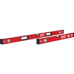 Three red REDSTICK Level tools of varying lengths are aligned next to each other, featuring vial windows and black end caps.