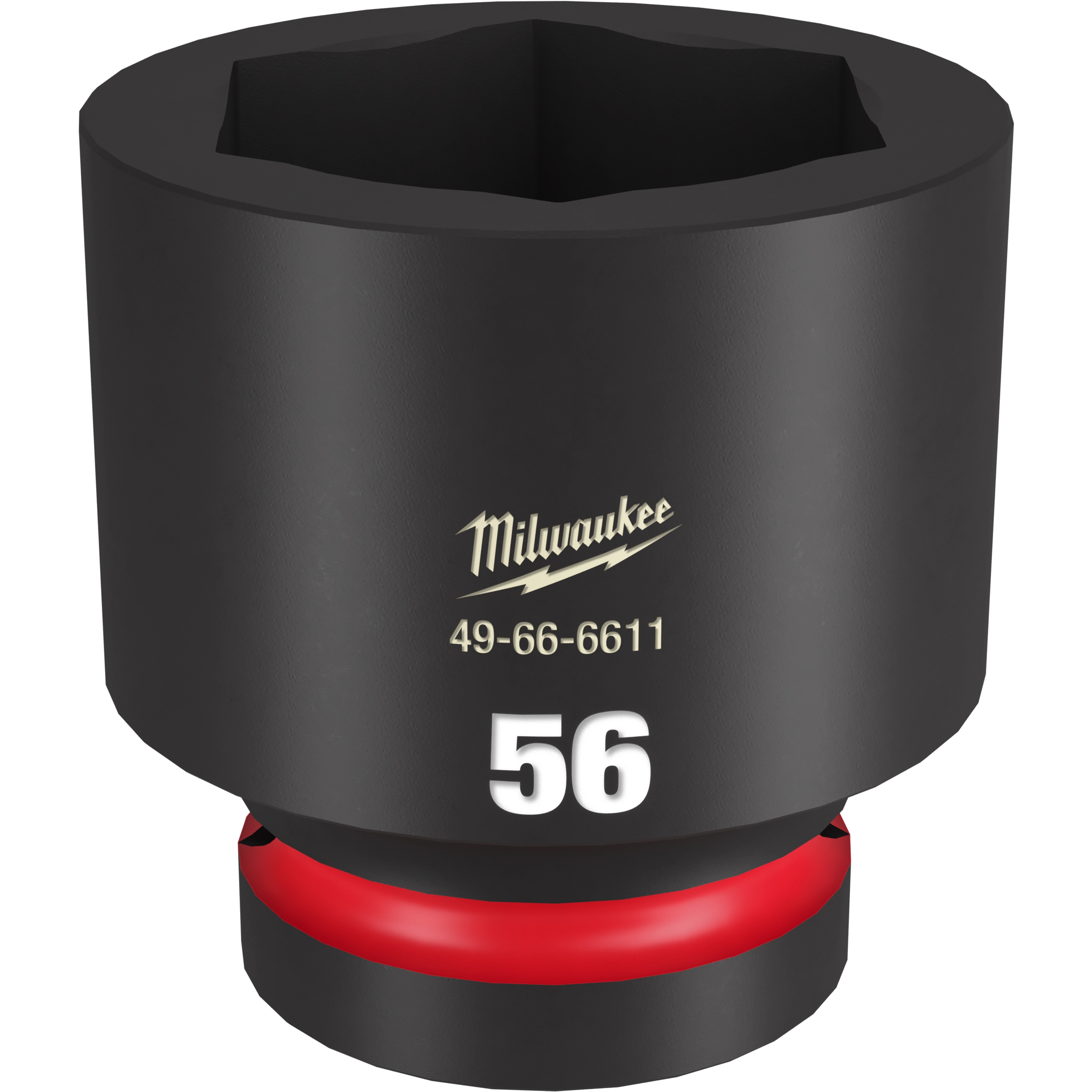 1" DR 56MM STD Impact Socket, black with red ring, 56 in large white numbers, product code 49-66-6611, brand logo visible.