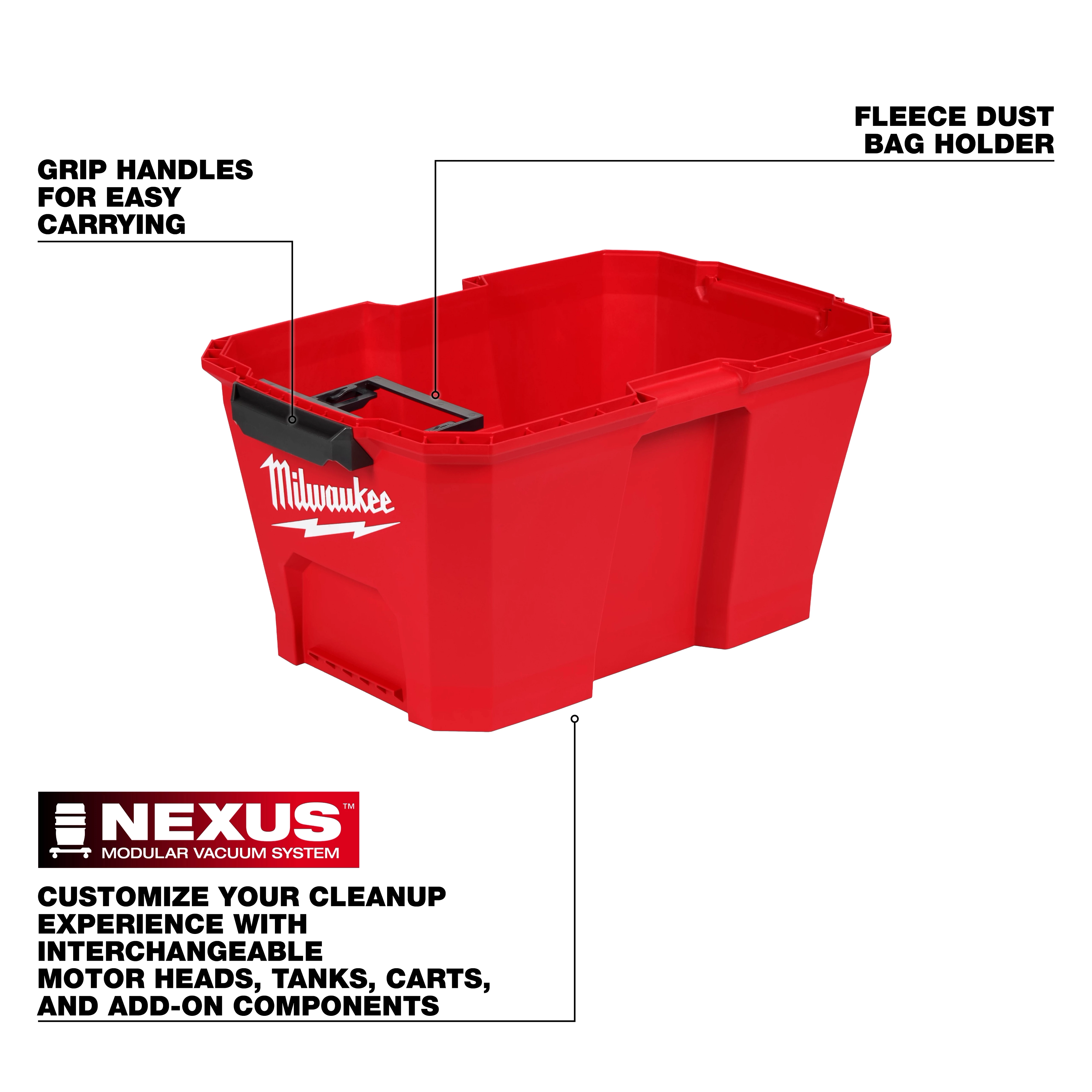 The NEXUS™ 6 Gallon Wet/Dry Vacuum Tank is a red, modular tank featuring grip handles for easy carrying and a fleece dust bag holder. Designed for customizable cleaning experiences with interchangeable motor heads, tanks, carts, and add-on components. The tank displays the Milwaukee brand logo.