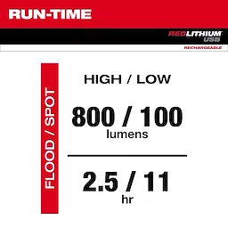 Run-Time Chart for Flood/Spot mode with a high of 800 lumens for 2.5 hours and low of 100 lumens for 11 hours.