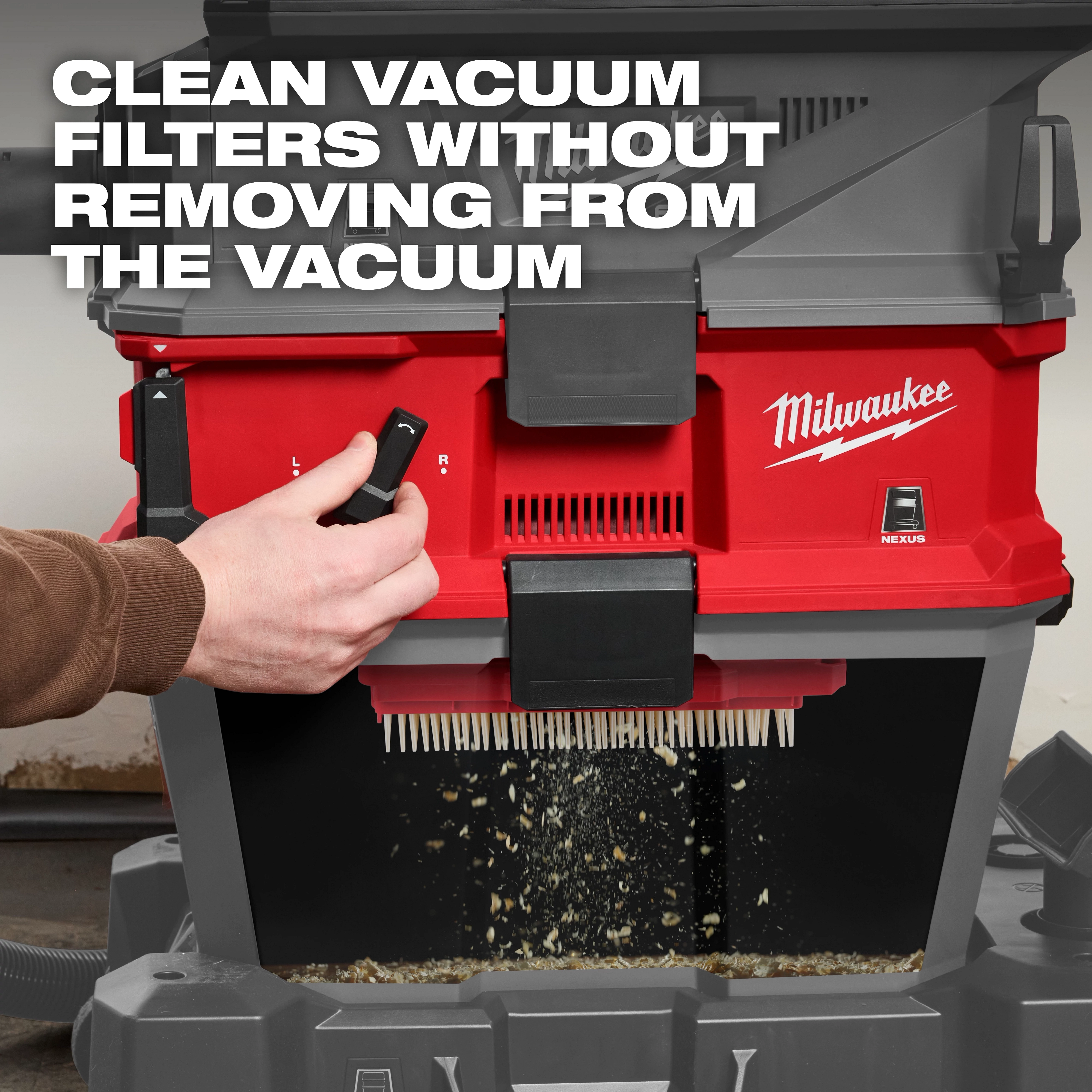 The NEXUS™ Dedicated Filter Cleaner by Milwaukee is shown in action. A hand uses the filter cleaner mechanism, while debris falls from the vacuum filter. The text overlay reads: "CLEAN VACUUM FILTERS WITHOUT REMOVING FROM THE VACUUM."