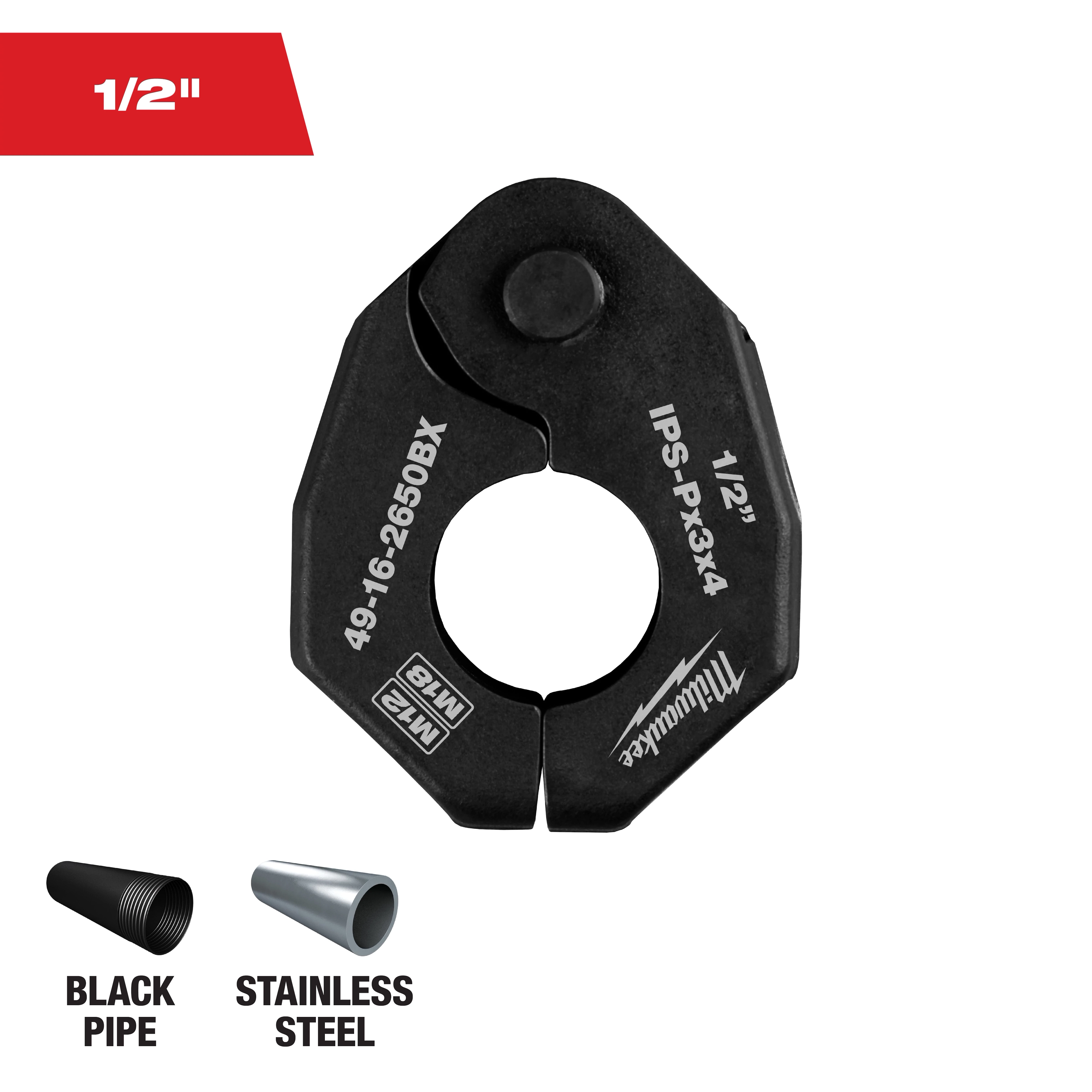 The image shows a Milwaukee 1/2-inch black pipe and stainless steel Jaw for a press tool. The label specifies it as model 49-16-2650BX. The tool has a circular opening in the center and is black with white text.