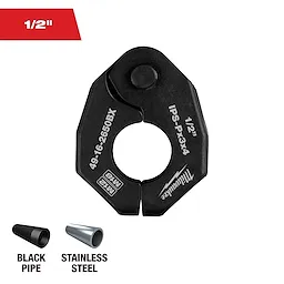 The image shows a Milwaukee 1/2-inch black pipe and stainless steel Jaw for a press tool. The label specifies it as model 49-16-2650BX. The tool has a circular opening in the center and is black with white text.