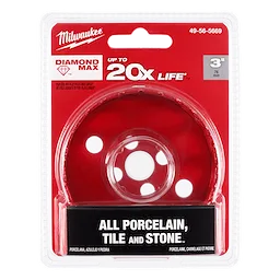 Milwaukee 3” DIAMOND MAX Hole Saw in red packaging, suitable for all porcelain, tile, and stone. Works up to 20 times longer.