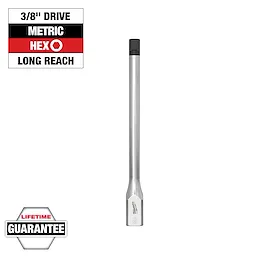 3/8" Drive 8mm Long Hex Bit Socket with silver body and dark hex end. Includes labels: 3/8" drive, metric, hex, long reach, and lifetime guarantee.