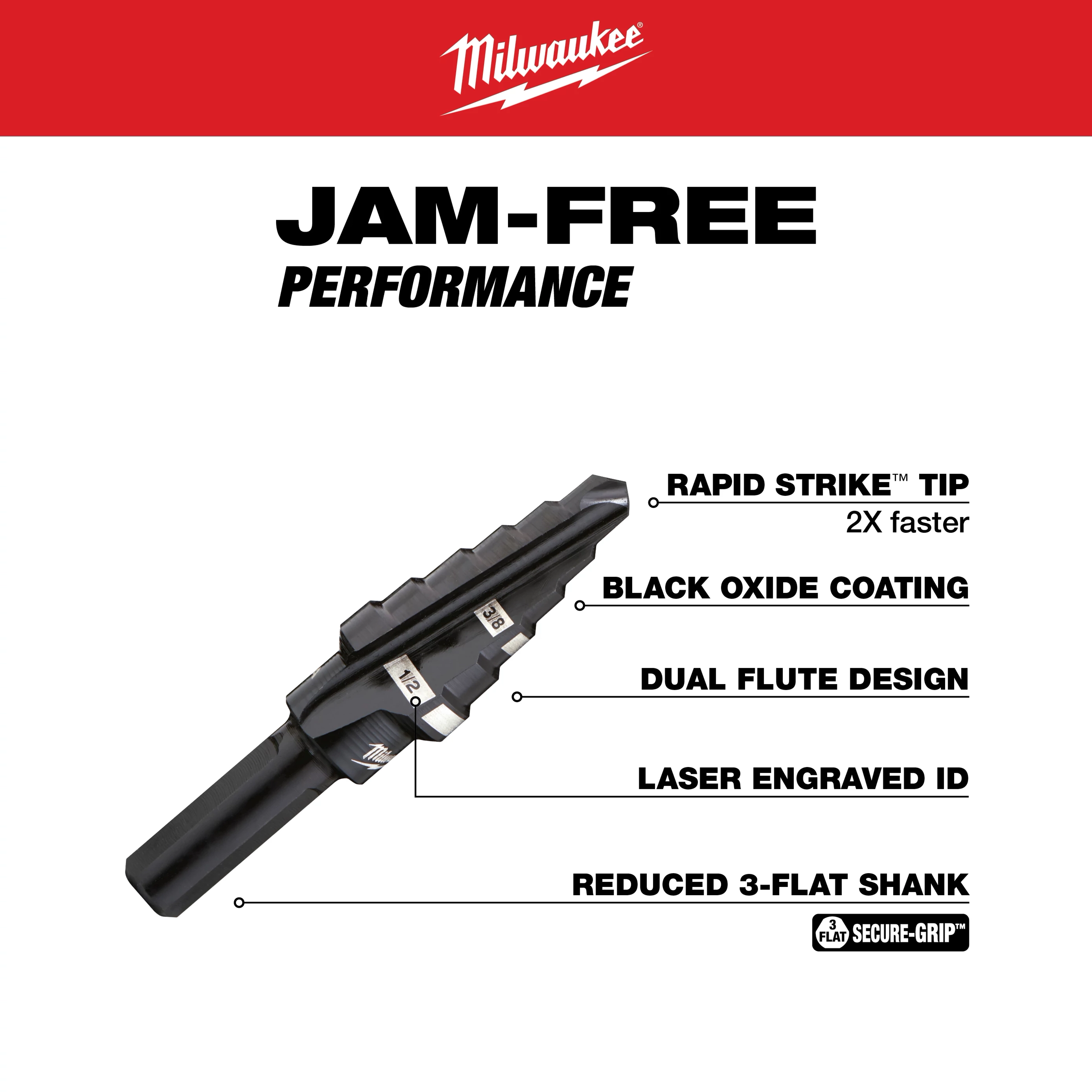 The 3/8 in. - 1/2 in. x 1/16 in. #6 Step Drill Bit features rapid strike tip, black oxide coating, dual flute design, laser engraved ID, and reduced 3-flat shank. The drill bit is designed for jam-free performance, providing faster drilling speeds and durable construction for precise hole enlargements.