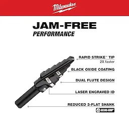 The 3/8 in. - 1/2 in. x 1/16 in. #6 Step Drill Bit features rapid strike tip, black oxide coating, dual flute design, laser engraved ID, and reduced 3-flat shank. The drill bit is designed for jam-free performance, providing faster drilling speeds and durable construction for precise hole enlargements.