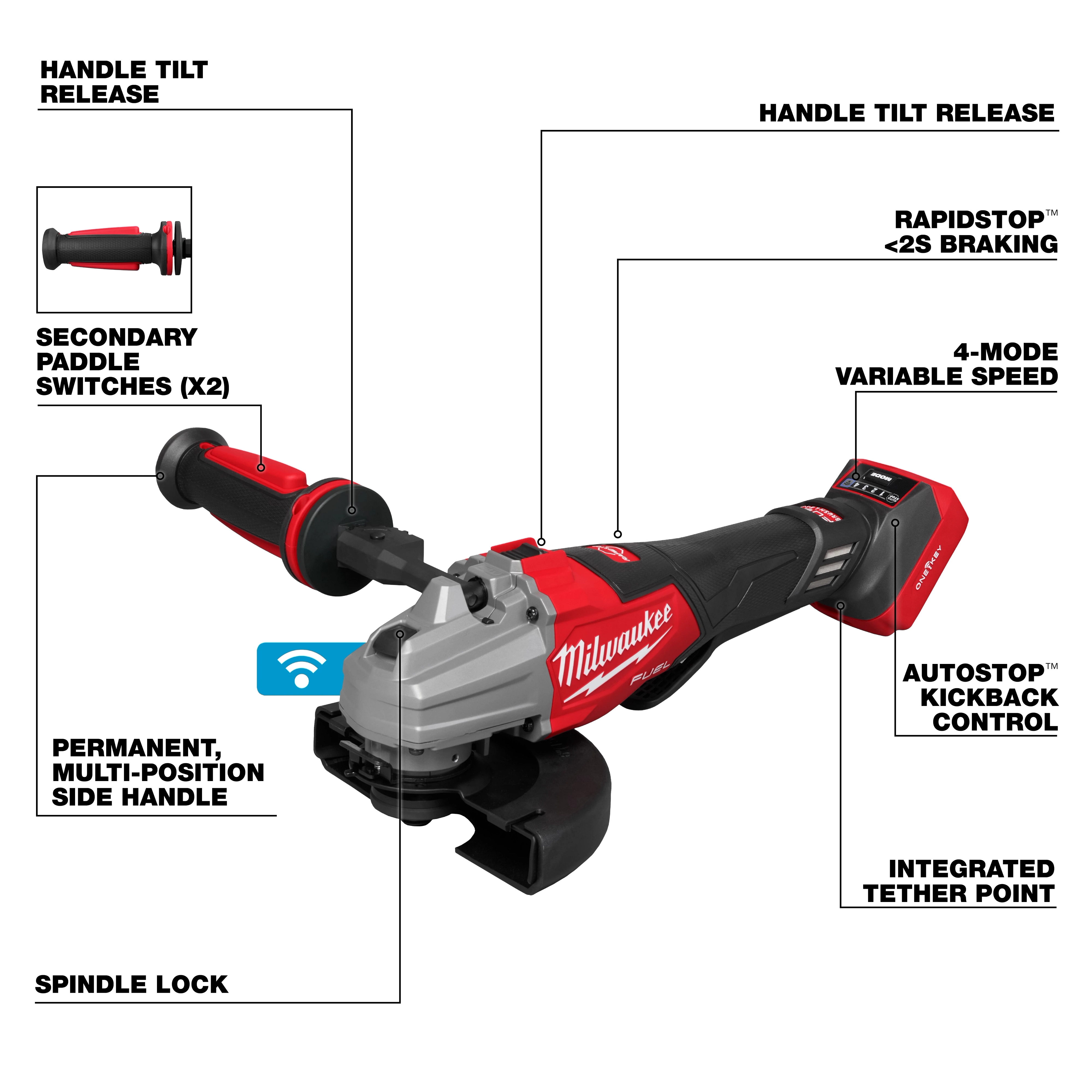 The M18 FUEL™ 4 1/2" - 6" Dual Trigger Braking Grinder with Paddle Switch w/ ONE KEY™ features a handle tilt release, variable speed, RapidStop™ braking, kickback control, and integrated tether point. It includes a spindle lock, multi-position side handle, and secondary paddle switches.