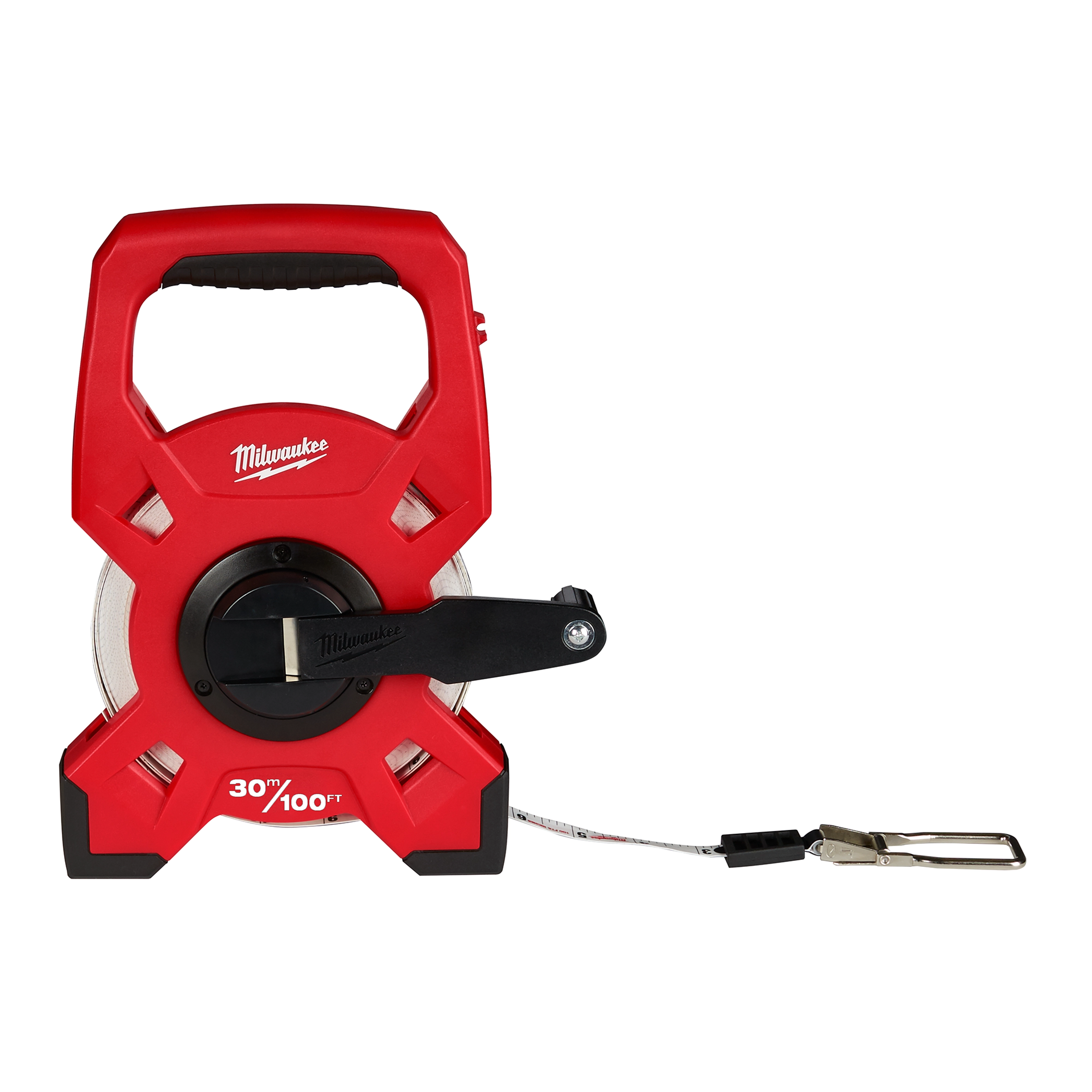 Red 30m/100ft Fiberglass Long Tape with a black handle and crank, featuring a silver measuring tape with a metal hook.
