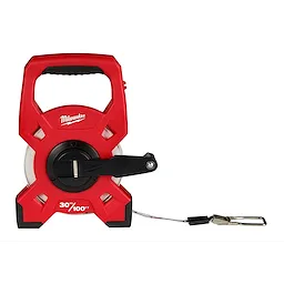 Red 30m/100ft Fiberglass Long Tape with a black handle and crank, featuring a silver measuring tape with a metal hook.