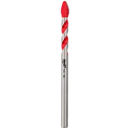 The 1/4" Hard Tile and Glass Bit has a silver body with red accents, featuring a spiral design. It is crafted for precision drilling in hard tile and glass surfaces. The manufacturer's logo and size markings are printed on its shaft.