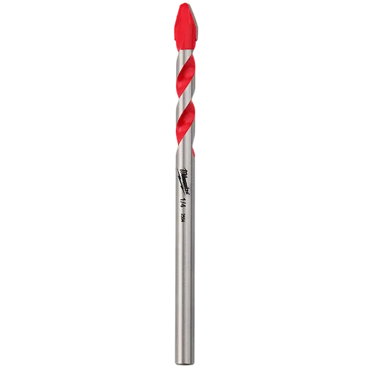 The 1/4" Hard Tile and Glass Bit has a silver body with red accents, featuring a spiral design. It is crafted for precision drilling in hard tile and glass surfaces. The manufacturer's logo and size markings are printed on its shaft.