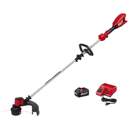 The M18™ Brushless String Trimmer features a grey and red trimmer with a black guard, a rechargeable battery pack, and a red battery charger. It is used for trimming grass and vegetation, and it operates on a cordless battery system for ease of use.