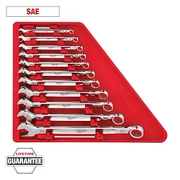 The image shows a set of Milwaukee brand SAE combination wrenches in a red tray. The wrenches are organized by size, ranging from 1/4 to 7/8 inches. The tray has a "Lifetime Guarantee" label in the lower left corner.