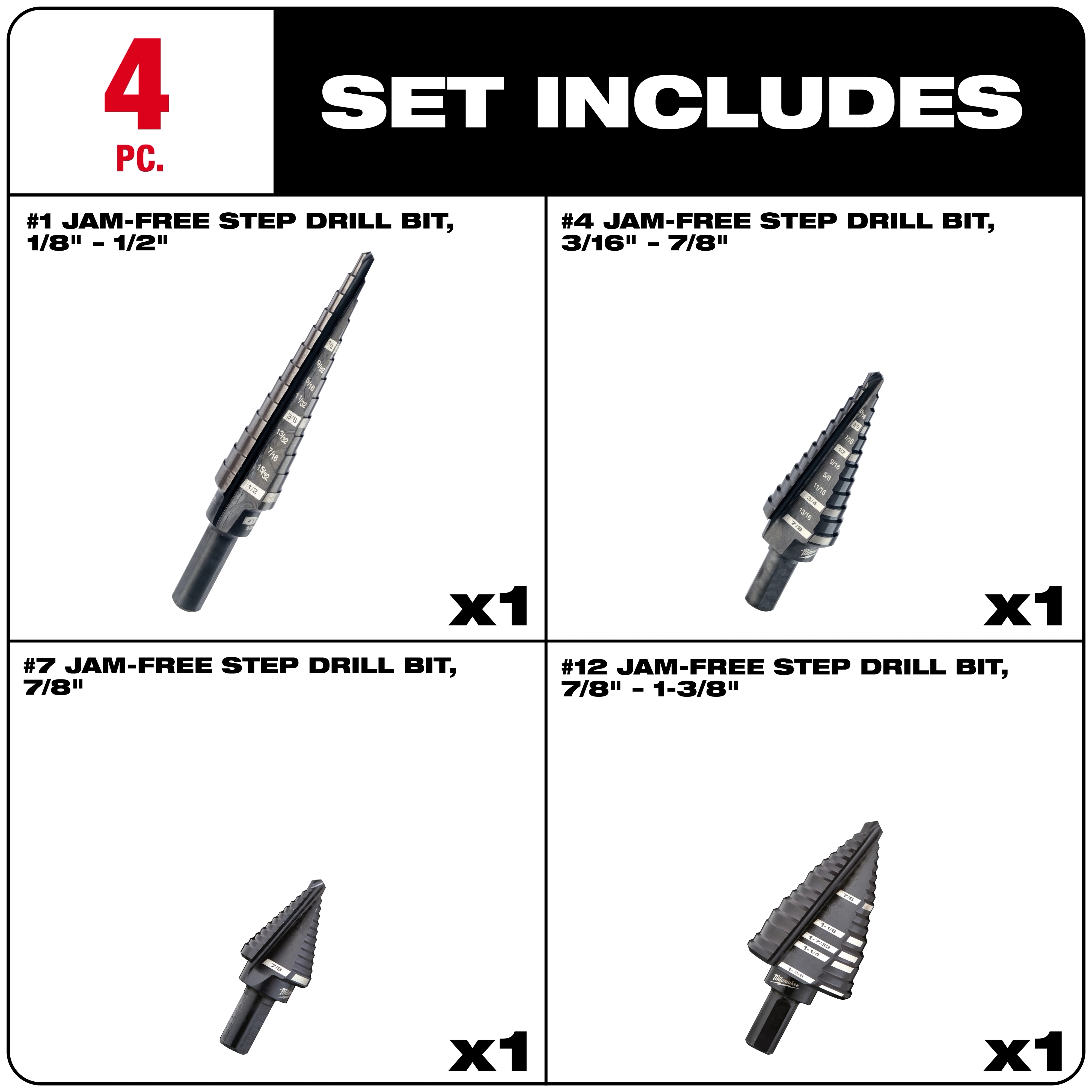 The 48-89-9223 Black Oxide Step Bit Set Includes four jam-free step drill bits. Bit sizes are #1 (1/8" - 1/2"), #4 (3/16" - 7/8"), #7 (7/8"), and #12 (7/8" - 1-3/8"). The set is ideal for smooth, efficient drilling.