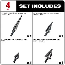The 48-89-9223 Black Oxide Step Bit Set Includes four jam-free step drill bits. Bit sizes are #1 (1/8" - 1/2"), #4 (3/16" - 7/8"), #7 (7/8"), and #12 (7/8" - 1-3/8"). The set is ideal for smooth, efficient drilling.