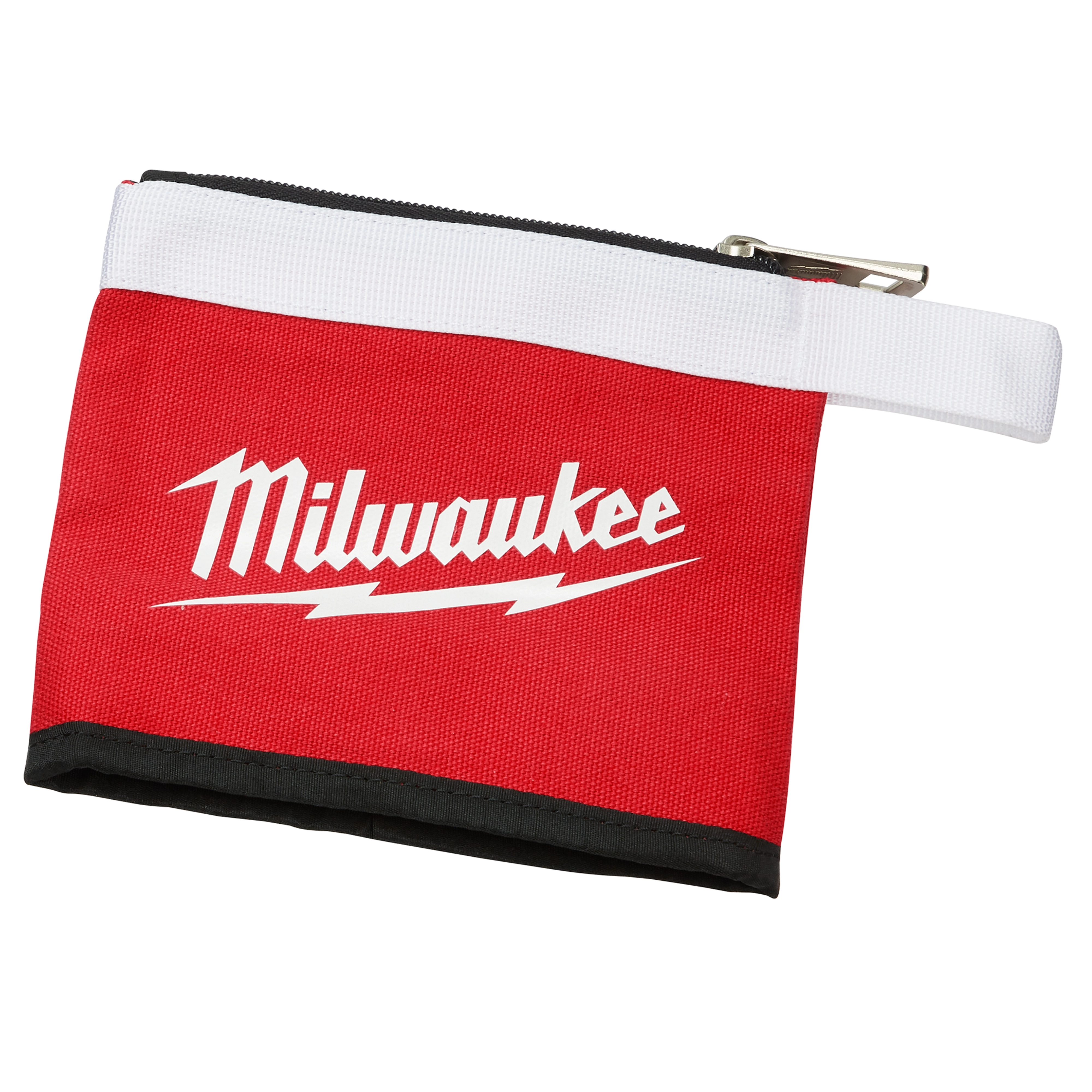 The 3PC Multi-Size Zipper Pouches feature a red pouch with a white handle and black base. The pouch has a zipper closure and the brand name "Milwaukee" is printed in white on the front.
