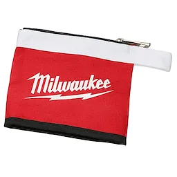 The 3PC Multi-Size Zipper Pouches feature a red pouch with a white handle and black base. The pouch has a zipper closure and the brand name "Milwaukee" is printed in white on the front.