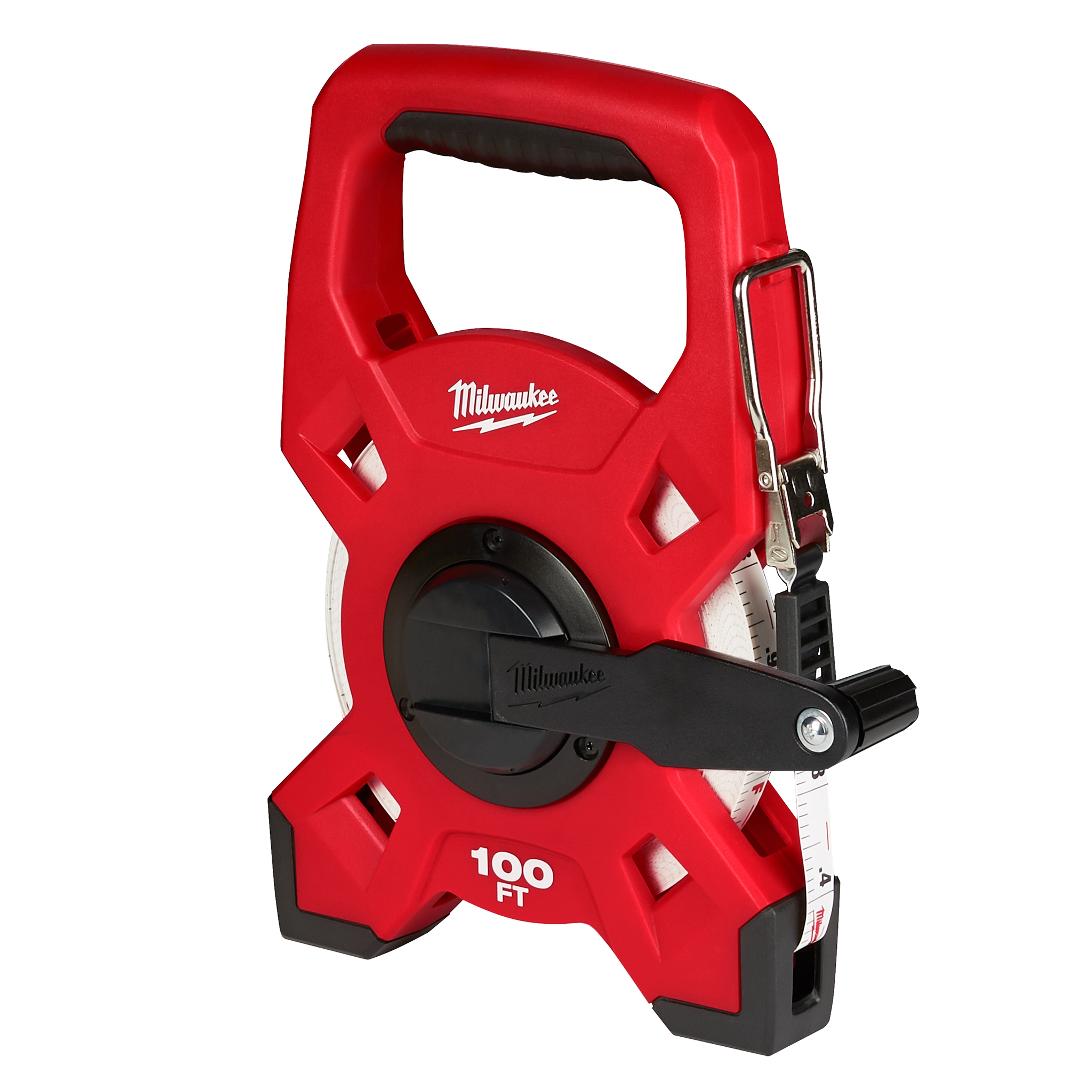 Red 100ft Fiberglass Long Tape with black and silver accents. Features a handle, winding mechanism, and the Milwaukee logo.