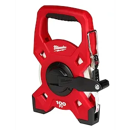 Red 100ft Fiberglass Long Tape with black and silver accents. Features a handle, winding mechanism, and the Milwaukee logo.